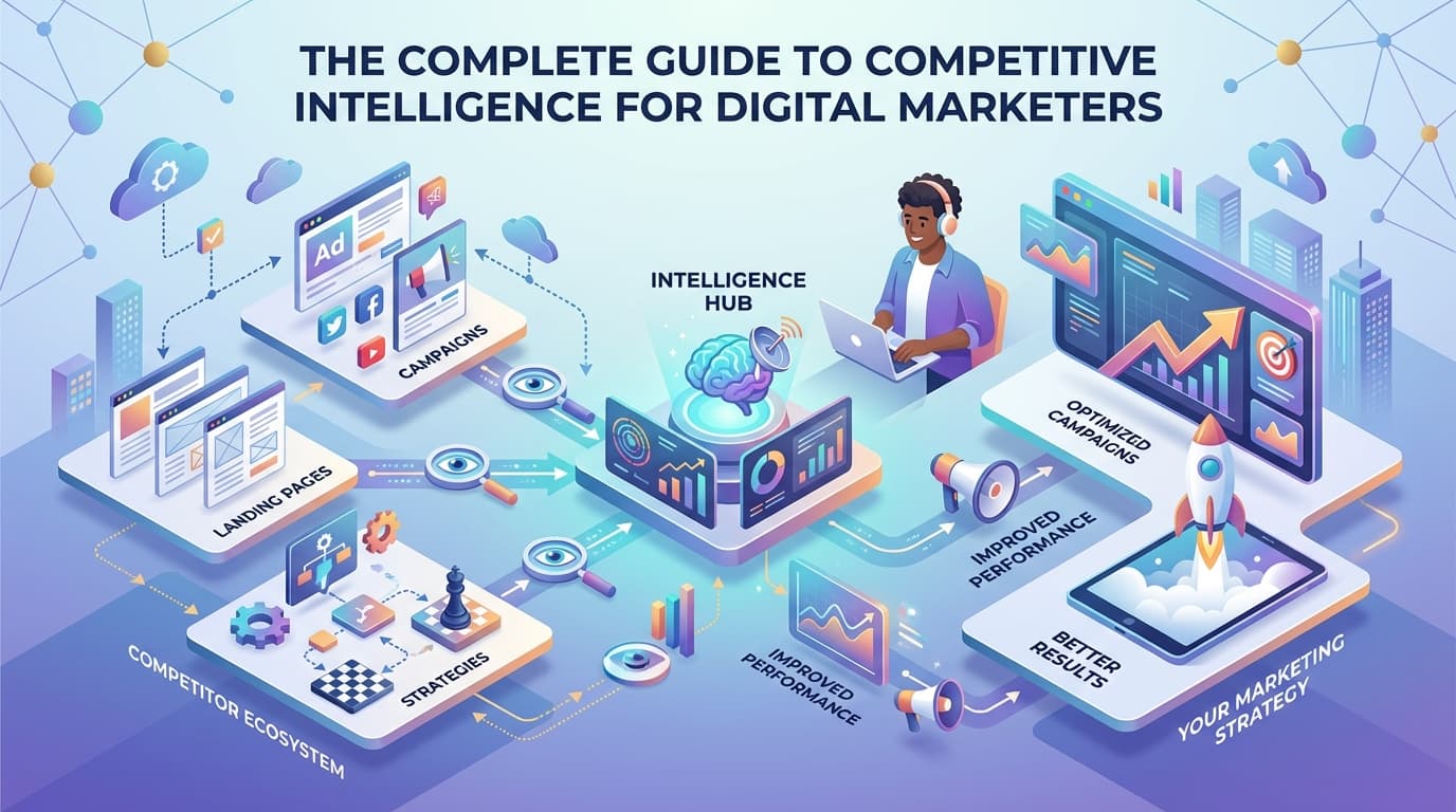 Digital marketer analysing competitor data on multiple screens with campaign metrics