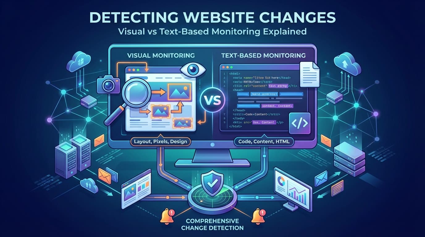 Split-screen comparison of visual monitoring with screenshots versus text-based monitoring with code diff